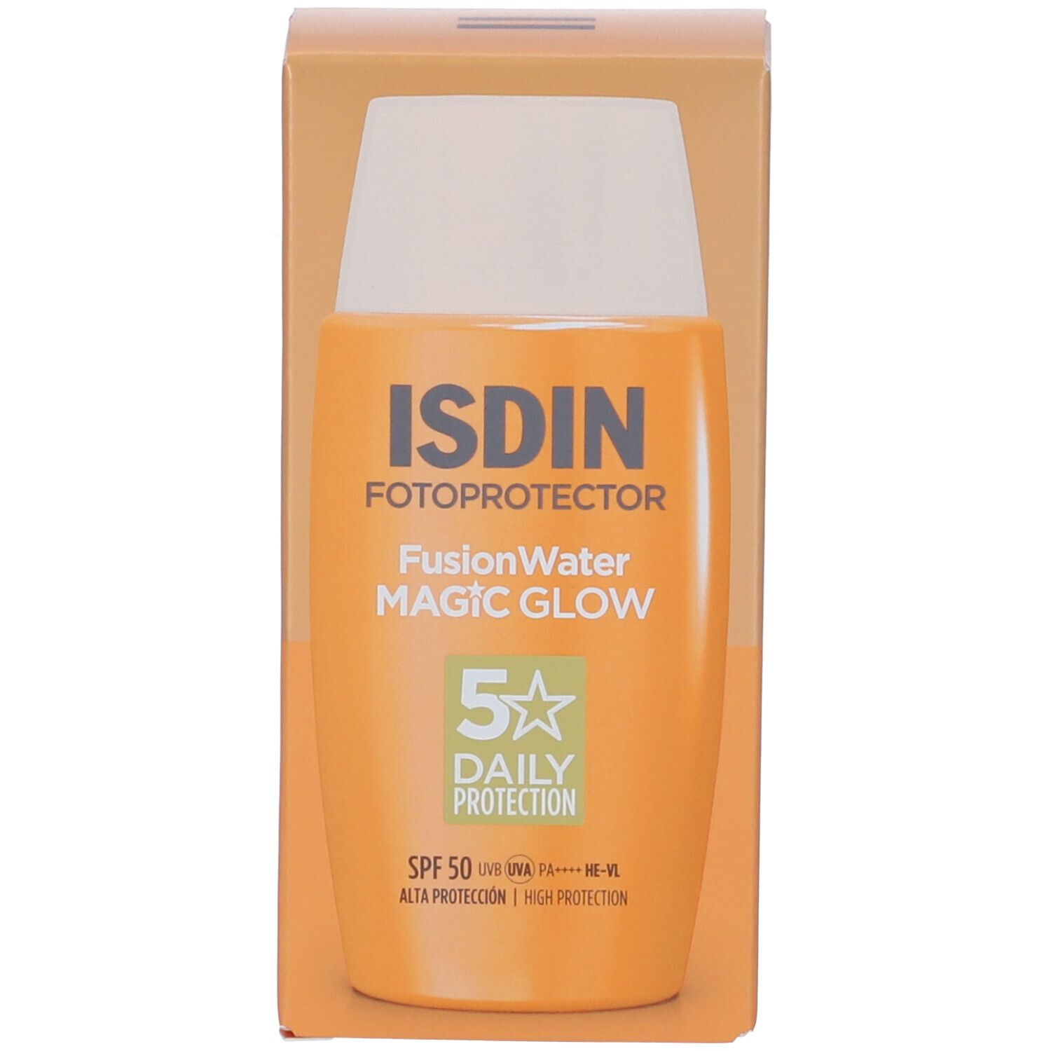 Confezione del prodotto con flacone. Scritta: ISDIN Fotoprotector Fusion Water MAGIC GLOW. SPF 50.