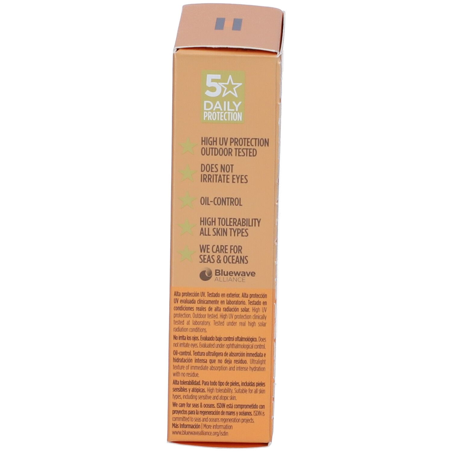 Lato della confezione del prodotto. Testo: 5 Daily Protection, High UV Protection, Does not irritate eyes.