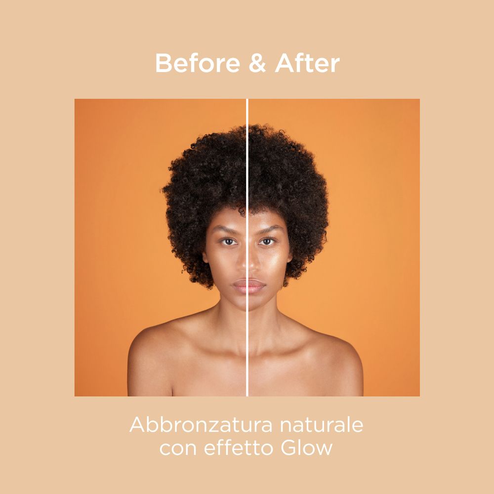 Immagine prima-dopo. Una donna con e senza prodotto. Testo: Abbronzatura naturale con effetto Glow.