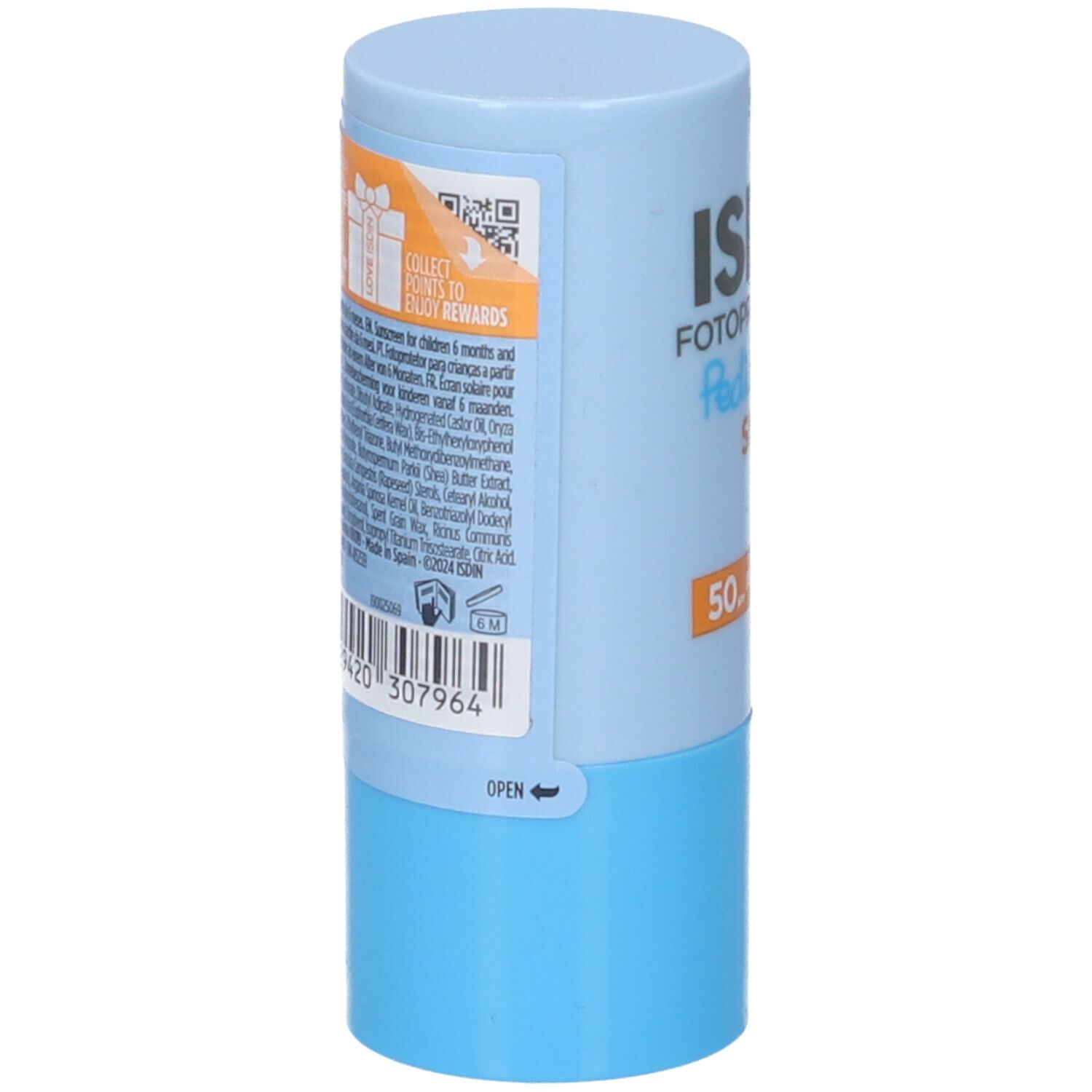 Stick blu. Retro con testo e codice a barre. ISDIN Fotoprotector Pediatrics Stick. SPF50.