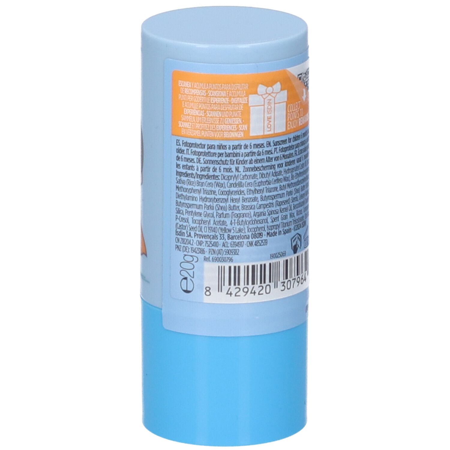 Stick blu. Retro con testo. ISDIN Fotoprotector Pediatrics Stick. SPF50. 20g.
