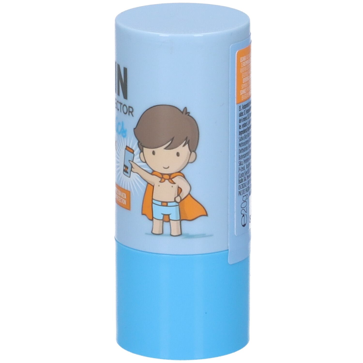 Stick blu. ISDIN Fotoprotector Pediatrics Stick. SPF50. Bambino con mantello, retro.