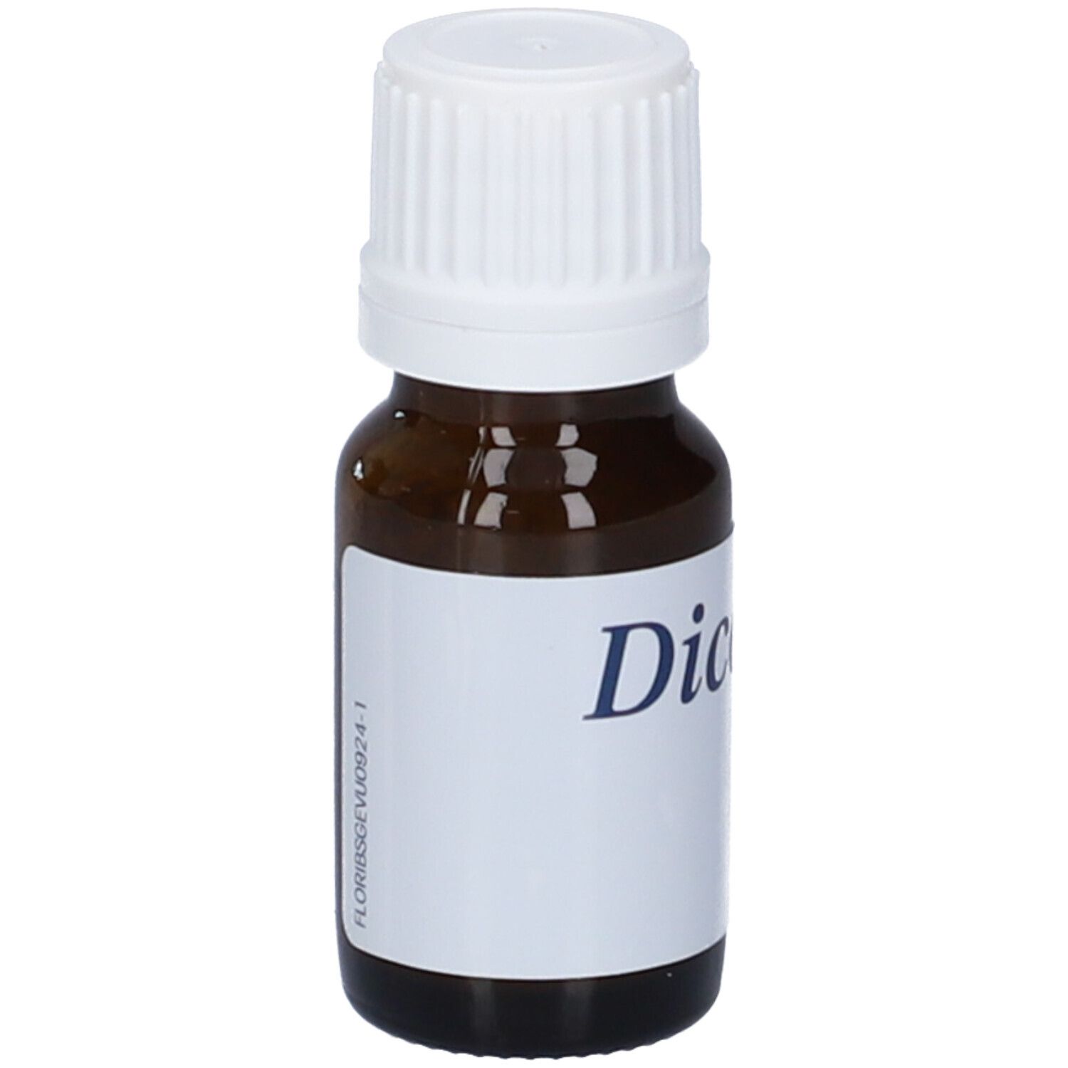 Flacone di vetro marrone con tappo bianco ed etichetta. L'etichetta riporta "Dicoflor" e un numero di serie.