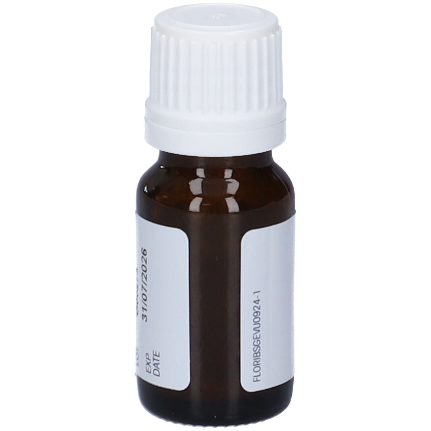 Flacone di vetro marrone con tappo bianco ed etichetta. L'etichetta indica la data di scadenza e il numero di lotto.