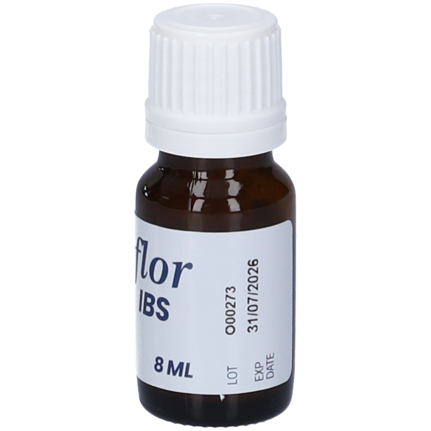Flacone di vetro marrone con tappo bianco ed etichetta. L'etichetta indica "Dicoflor IBS", "8 ml", numero di lotto e data di scadenza.