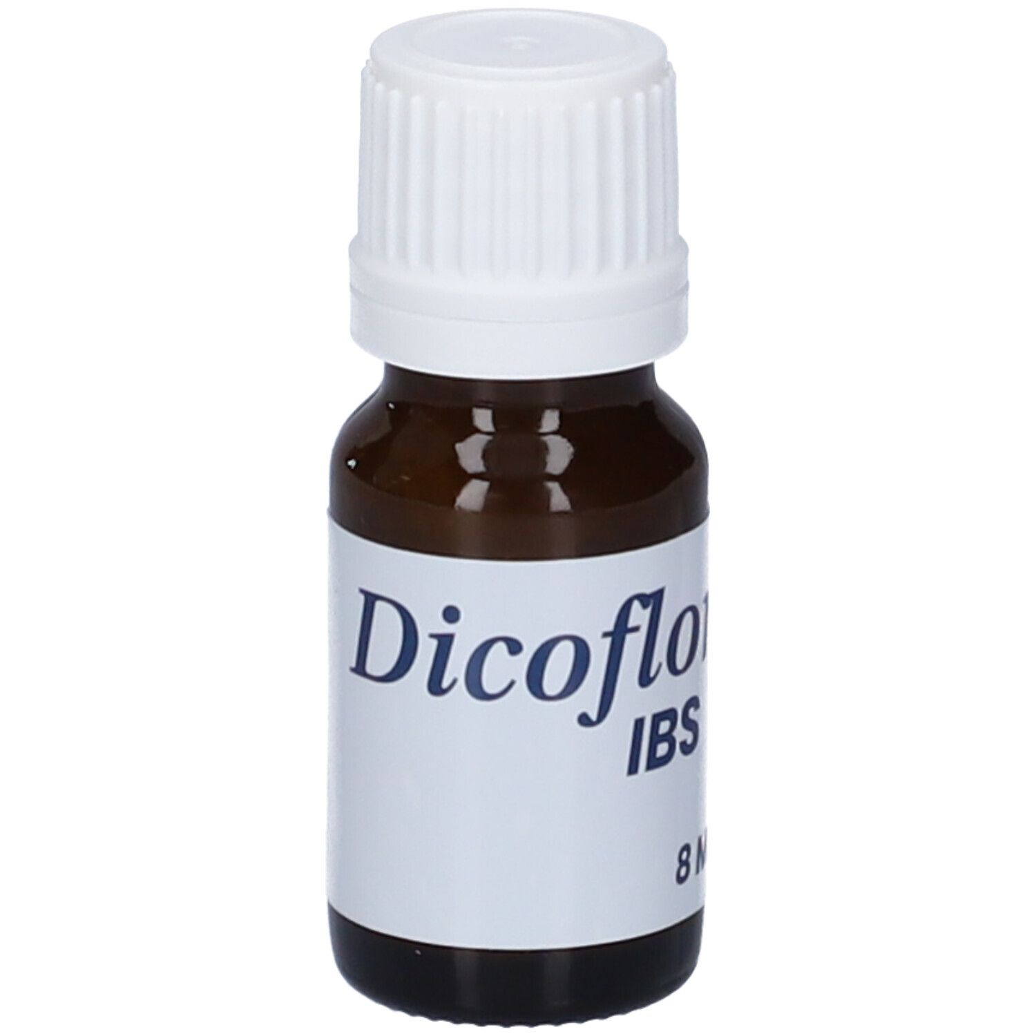 Flacone di vetro marrone con tappo bianco ed etichetta. L'etichetta riporta "Dicoflor IBS" e "8 ml".