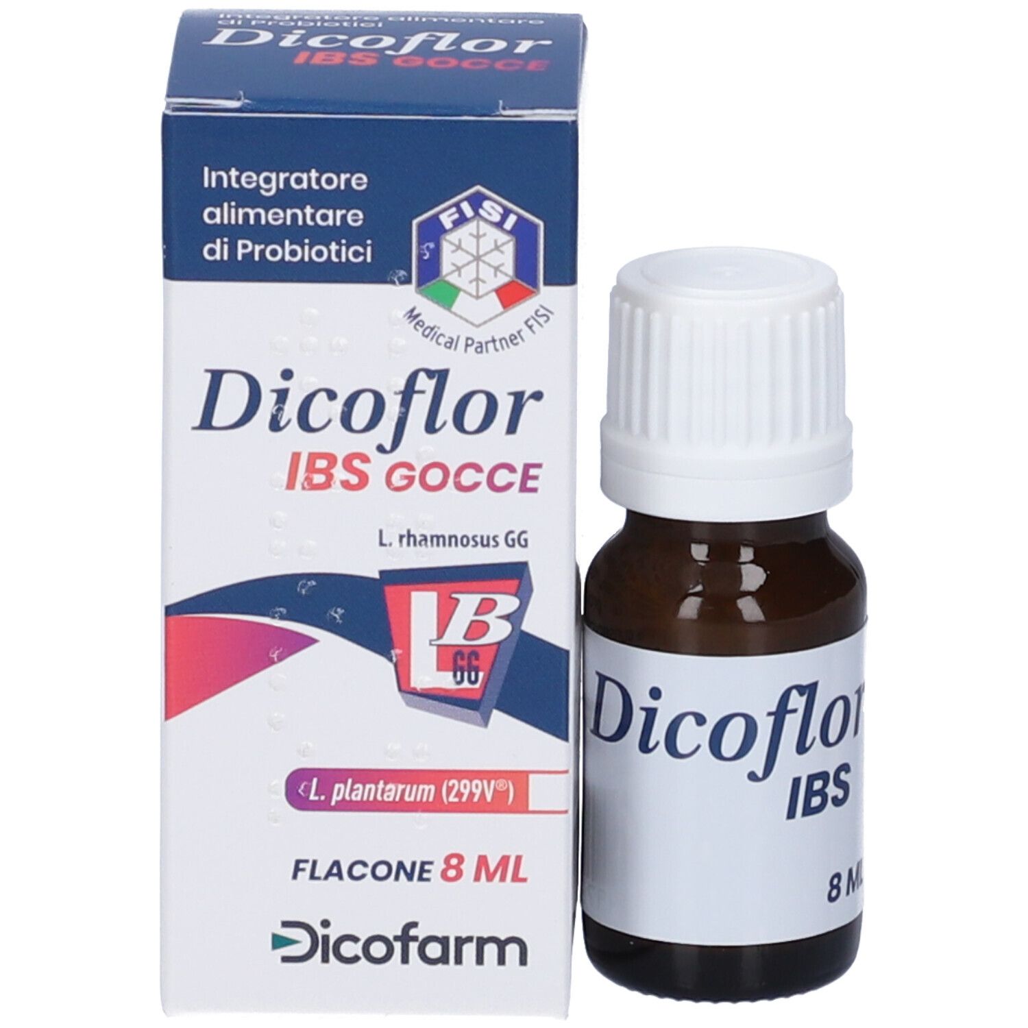 Confezione e flacone. Sulla confezione è scritto "Dicoflor IBS Gocce". Il flacone è marrone con tappo bianco.