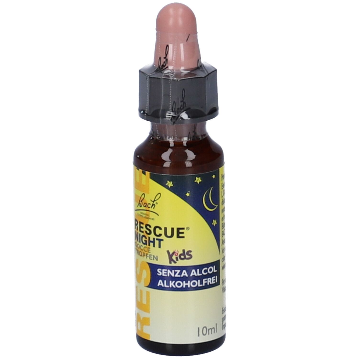 Flacone di vetro marrone con contagocce. Scritta: Rescue Night Kids. Senza alcool. Gocce. 10ml.