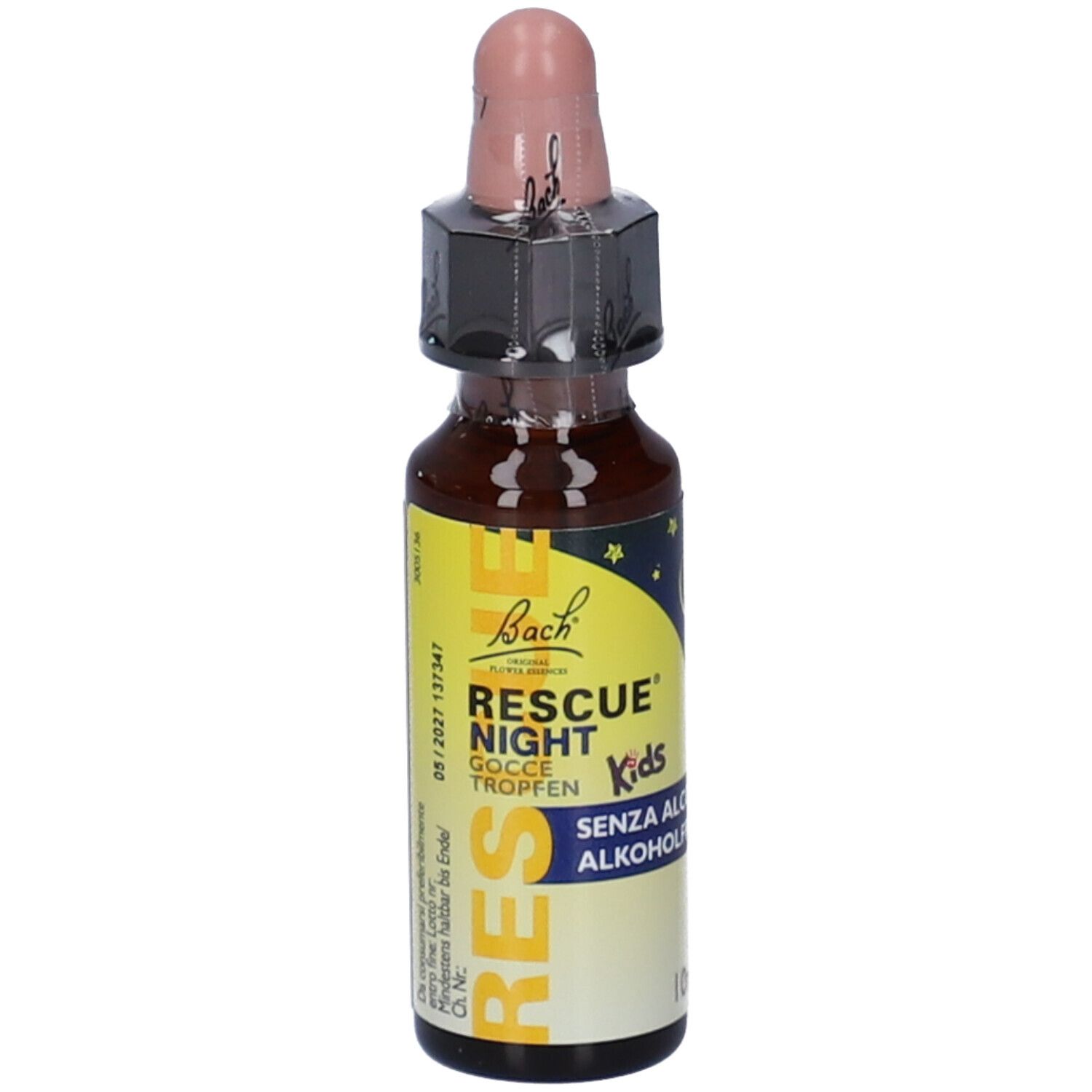 Flacone di vetro marrone con contagocce. Scritta: Rescue Night Kids. Senza alcool. Gocce. 10ml. Scadenza.