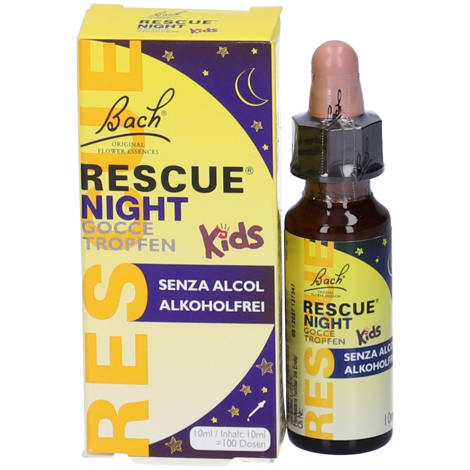 Flacone e scatola. Scritta: Rescue Night Kids. Senza alcool. Gocce. 10ml. 100 dosi.