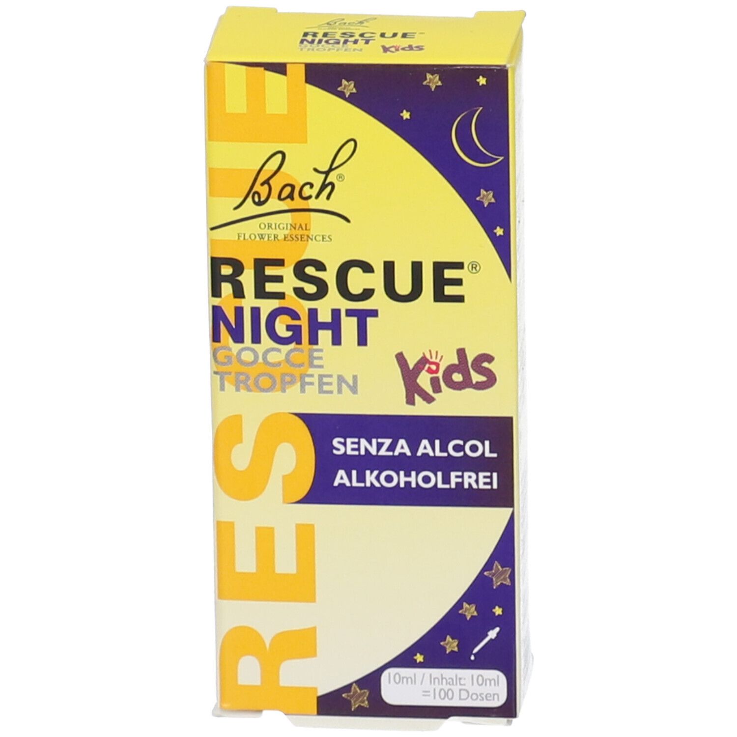 Confezione del prodotto. Scritta: Rescue Night Kids. Senza alcool. Gocce. 10ml. 100 dosi.