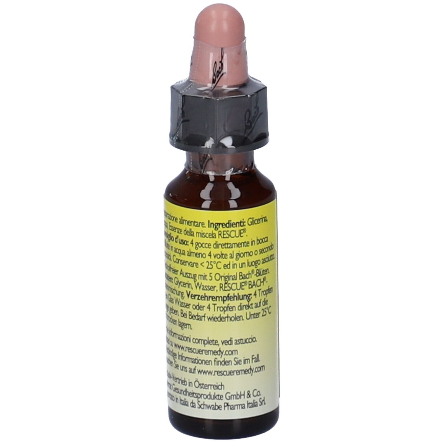 Flacone di vetro marrone con etichetta gialla. Scritta: RESCUE Kids, gocce, senza alcol. Tappo rosa.