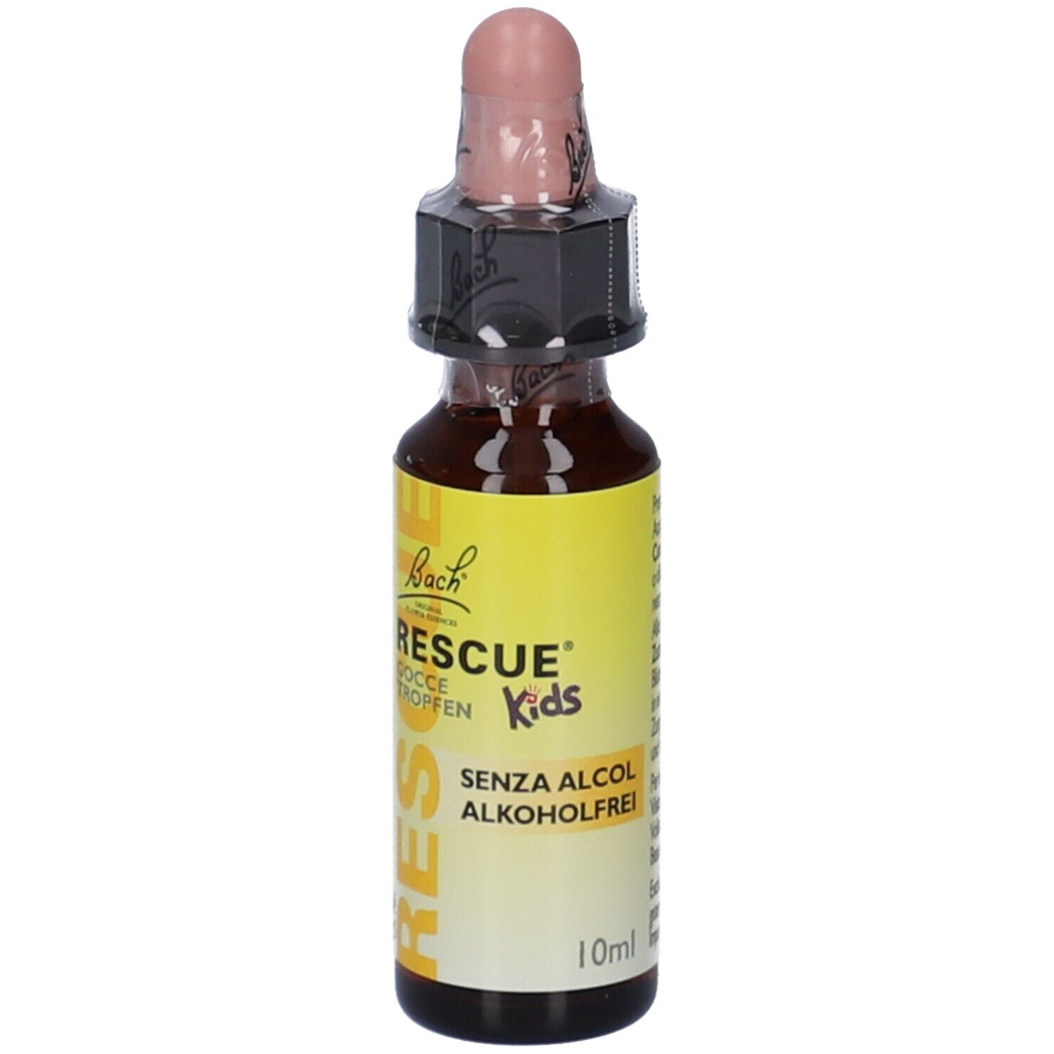 Flacone di vetro marrone con etichetta gialla. Scritta: RESCUE Kids, gocce, senza alcol. Tappo rosa.