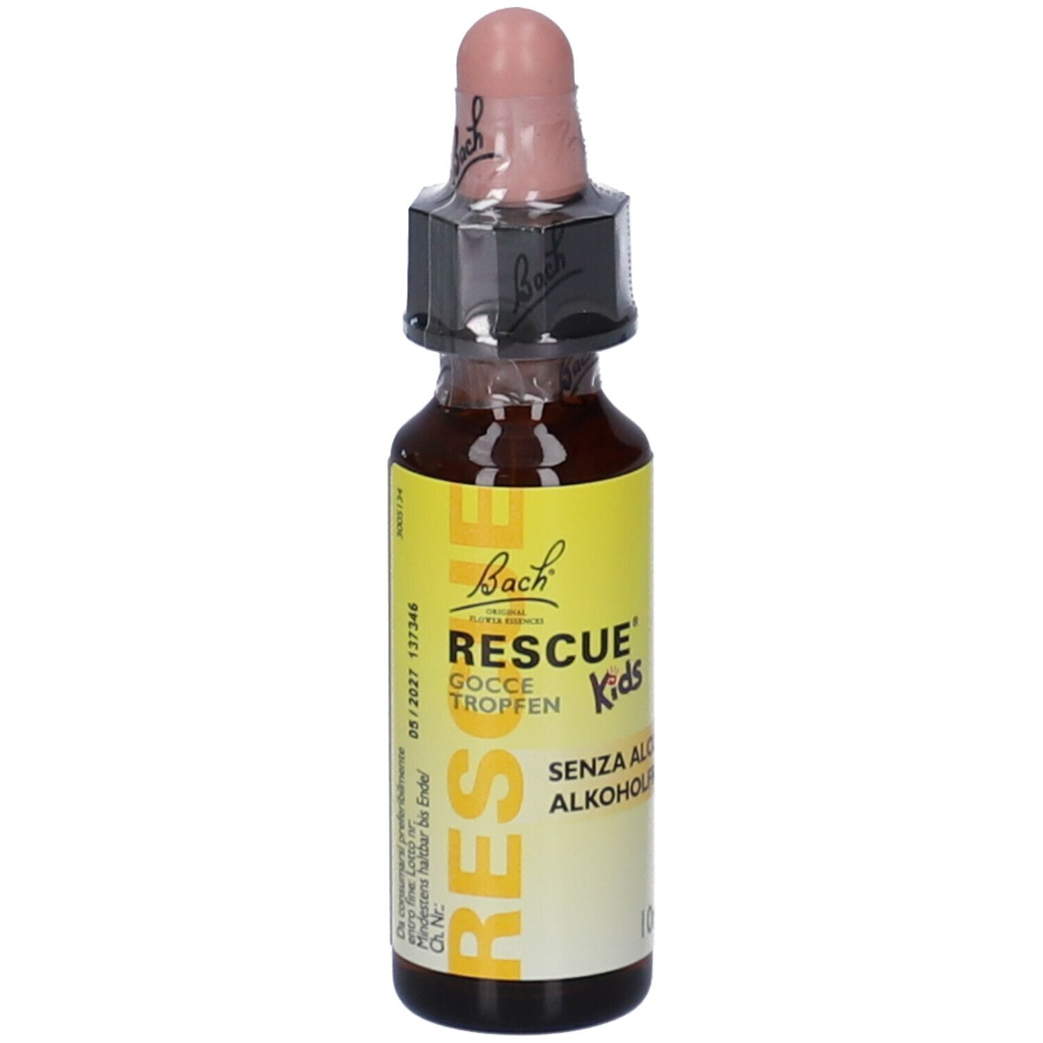Flacone di vetro marrone con etichetta gialla. Scritta: RESCUE Kids, gocce, senza alcol. Tappo rosa.
