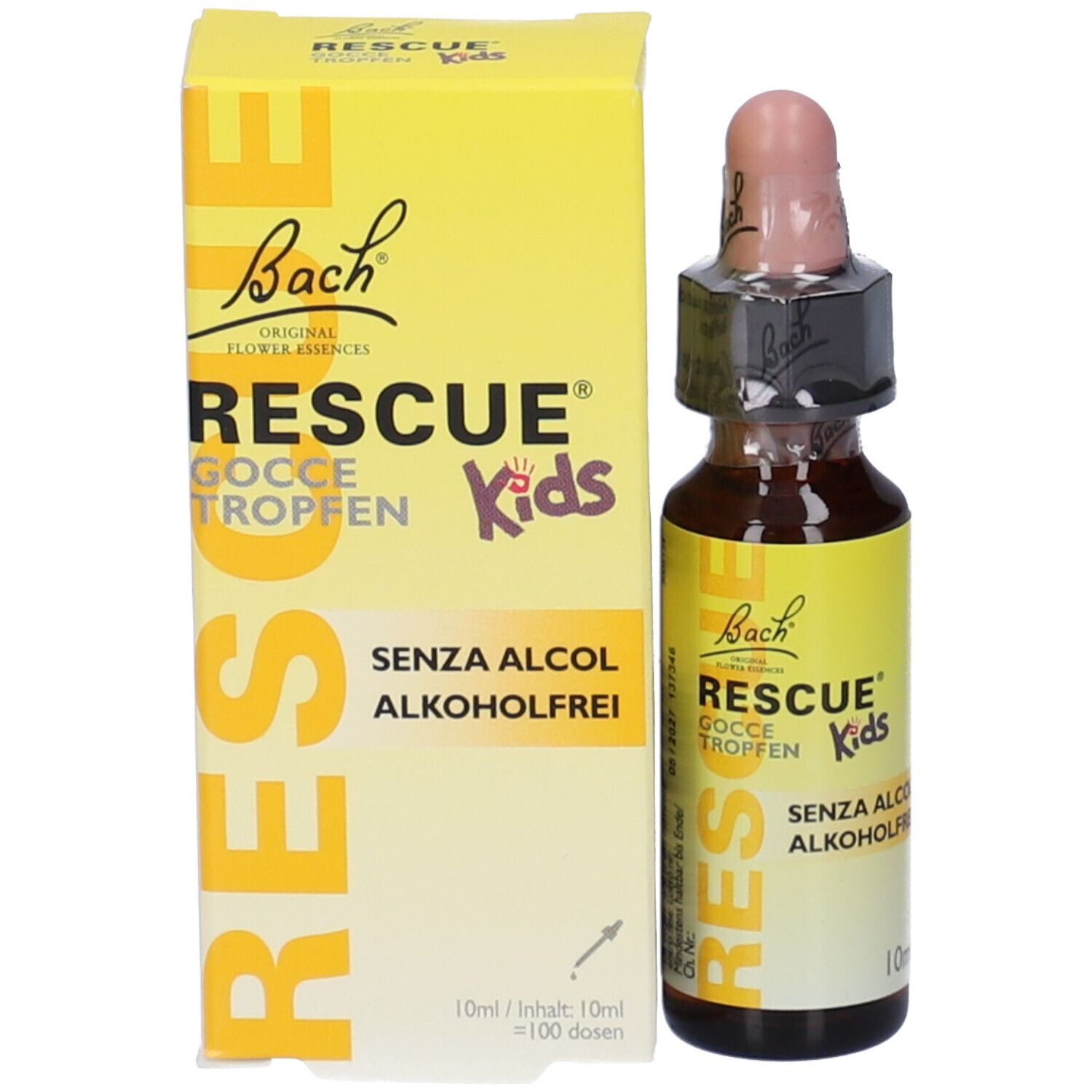Flacone e confezione. Confezione gialla con scritta RESCUE Kids, gocce, senza alcol. Flacone marrone.