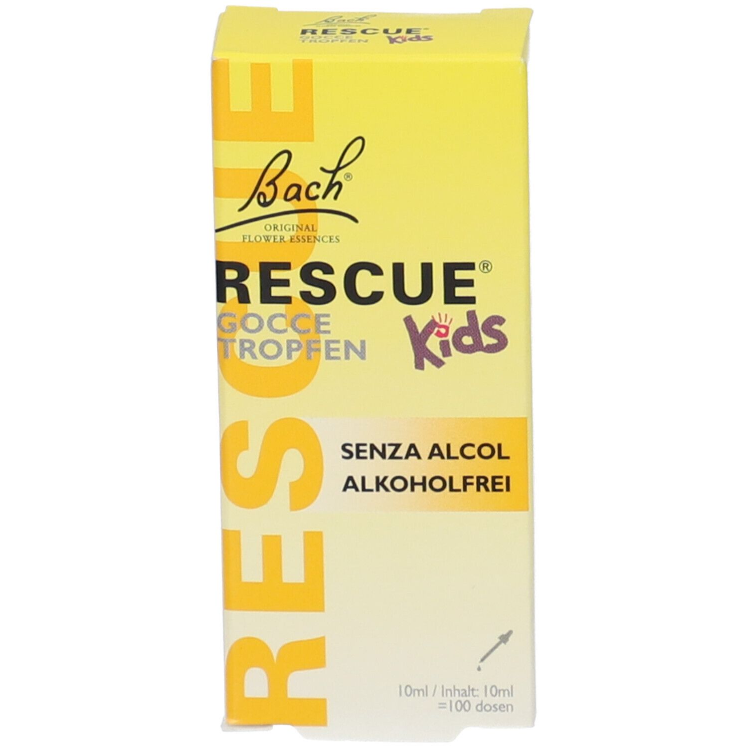 Confezione gialla con scritta RESCUE Kids, gocce, senza alcol. Freccia che indica il dosaggio.