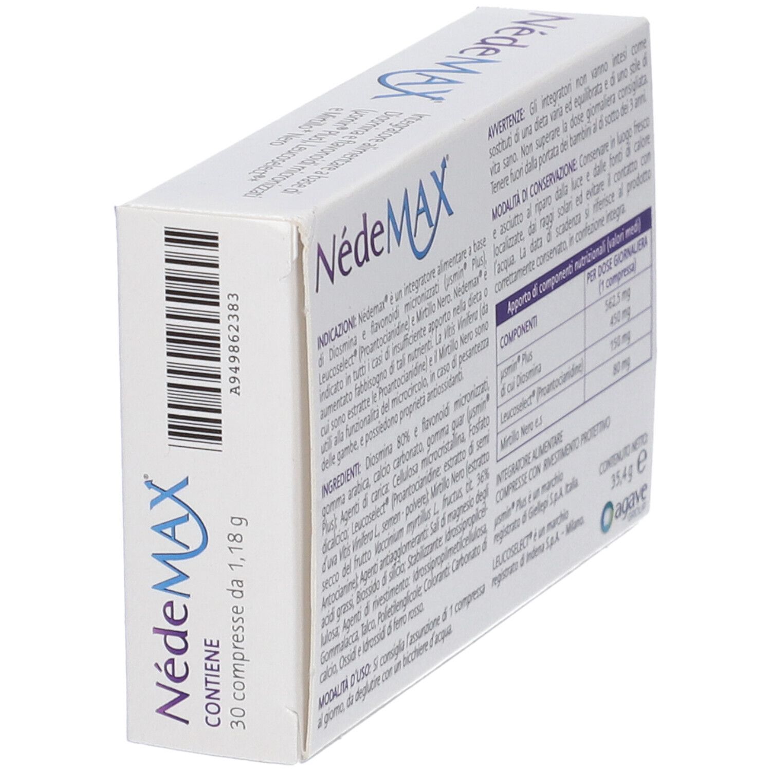 Vista laterale della confezione Agave Nedemax Compresse. Contiene informazioni e codice a barre.