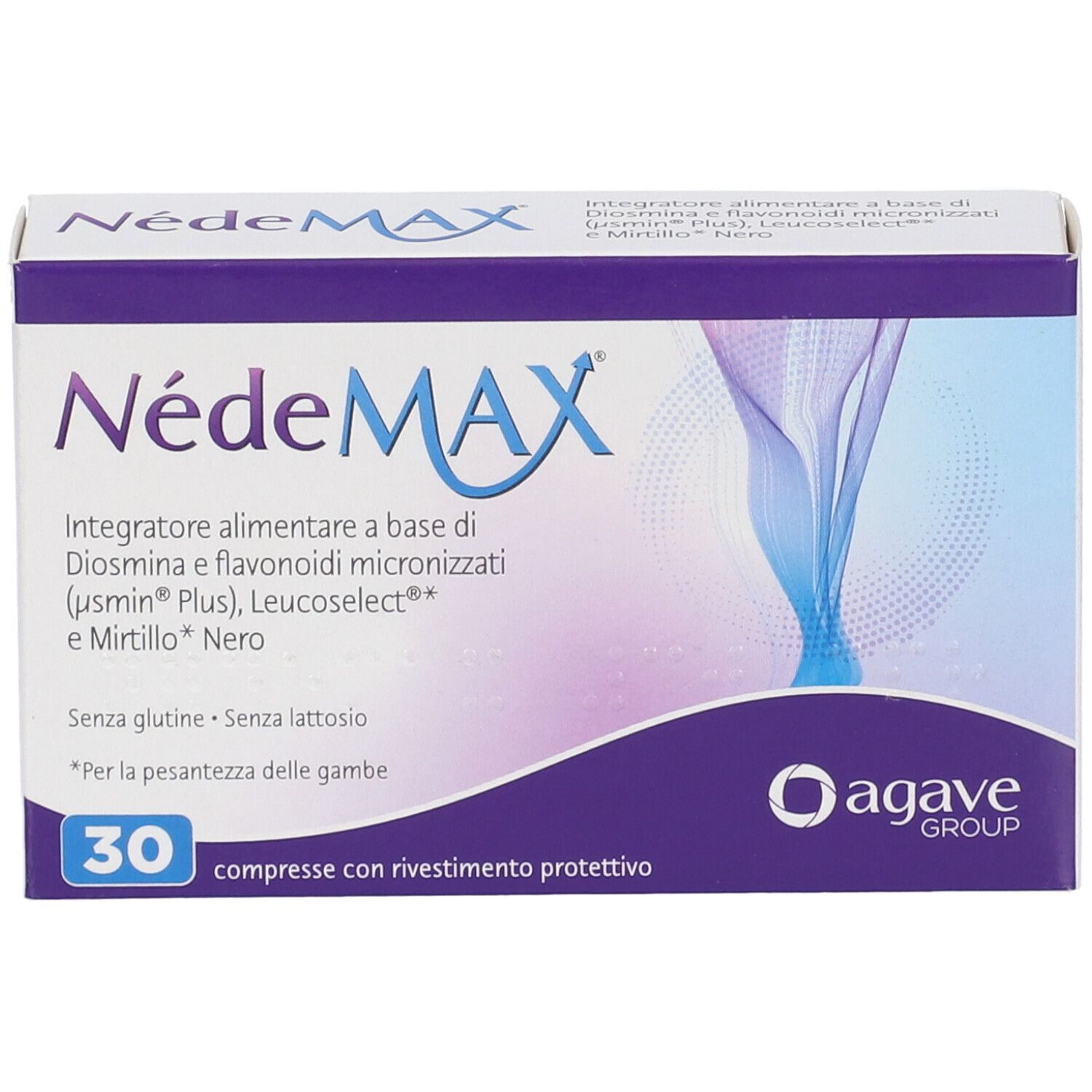 Confezione Agave Nedemax Compresse. Scatola viola e bianca con nome e logo. Contiene 30 compresse.