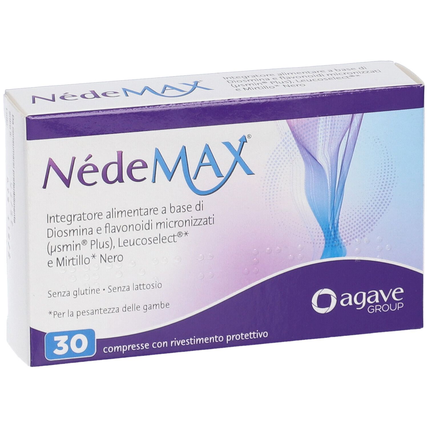 Confezione Agave Nedemax Compresse. Scatola viola e bianca con nome e logo. Contiene 30 compresse.