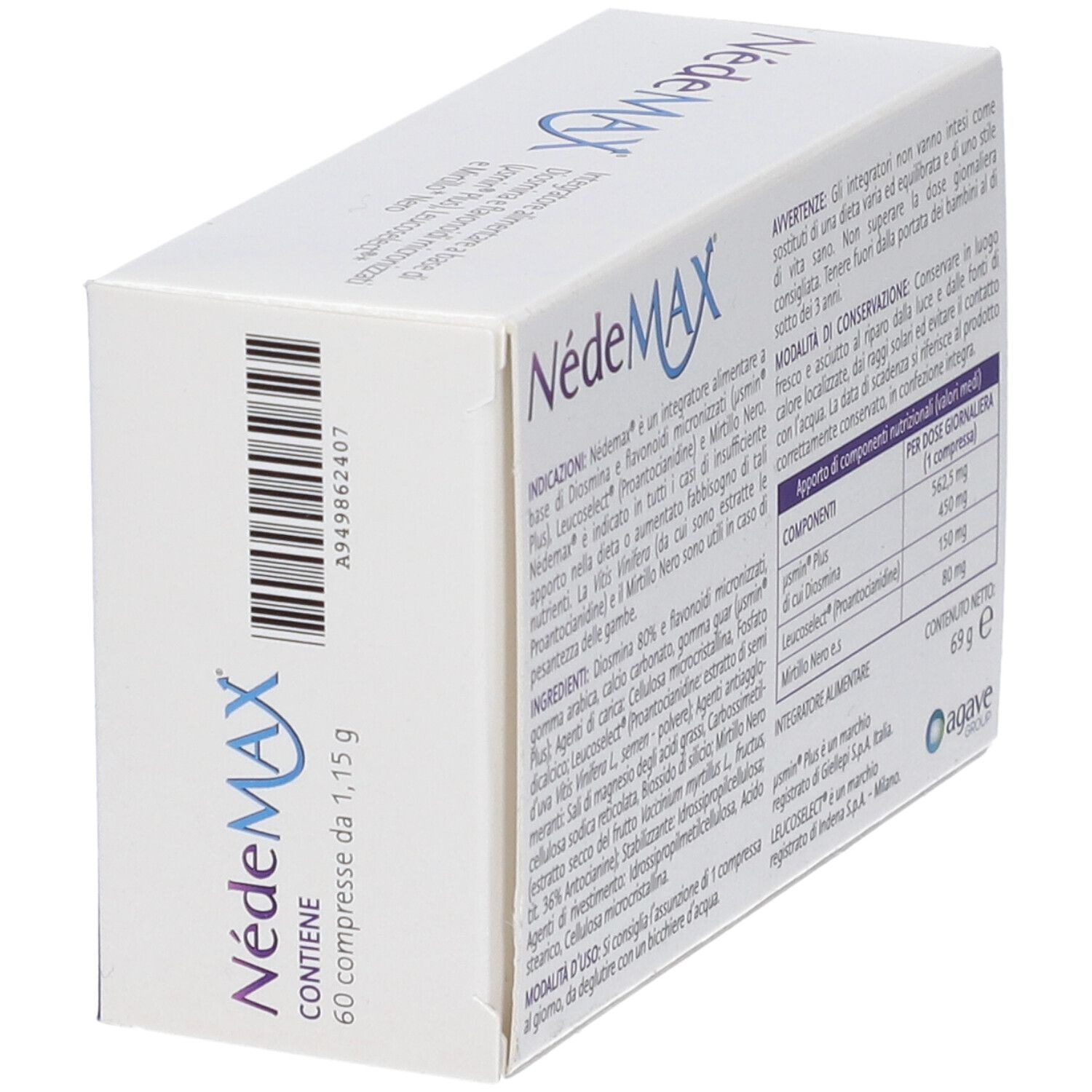 Scatola 'NédeMAX' in prospettiva. Contiene nome e informazioni sul prodotto. Confezione bianca.