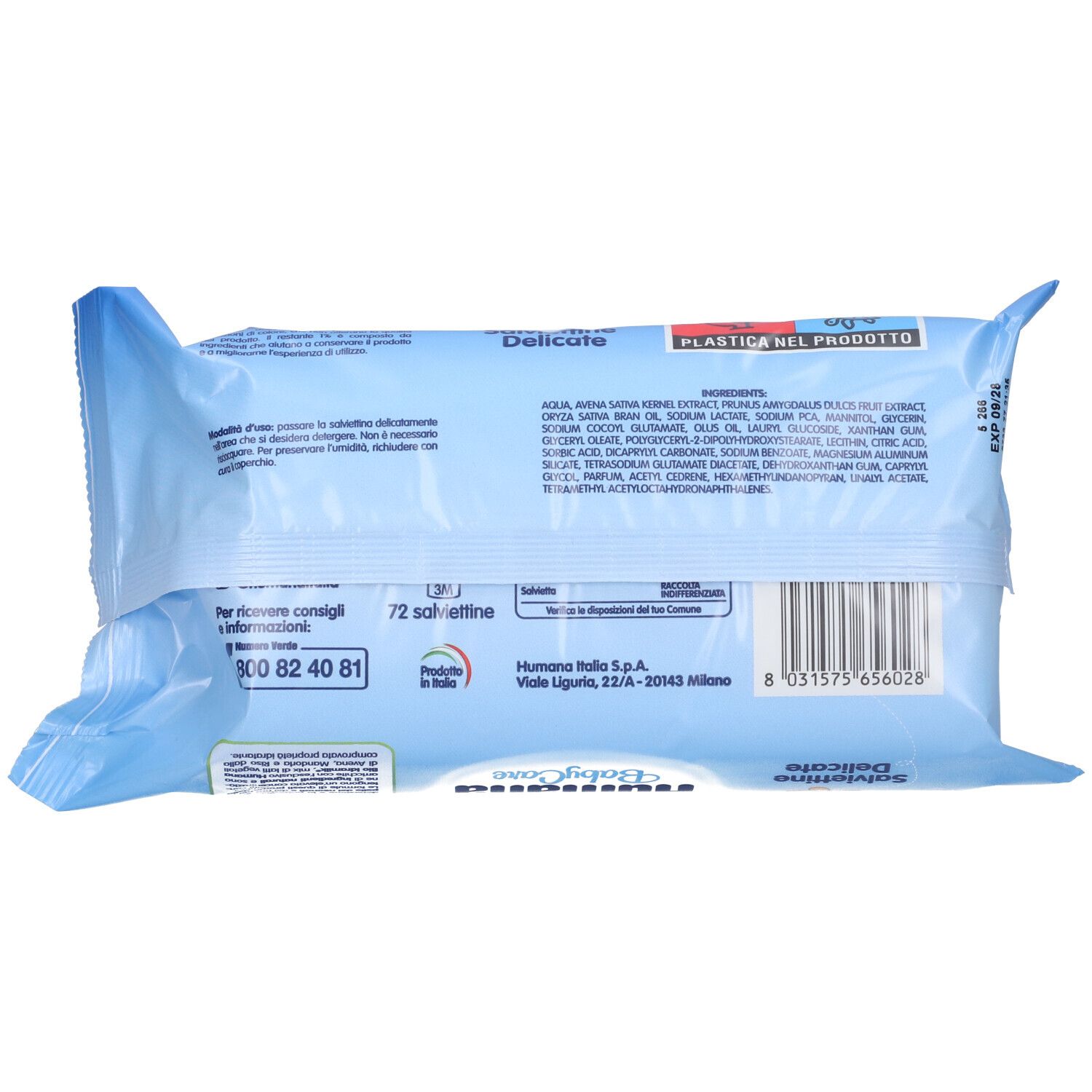 Retro confezione salviettine "Humana BabyCare". Testo, ingredienti e codice a barre visibili. 72 salviettine.