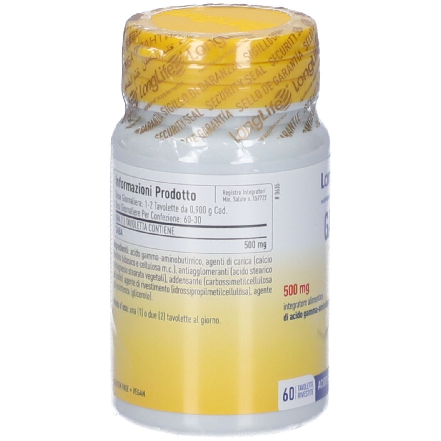 Retro del flacone GABA. Contiene informazioni sul prodotto, ingredienti e dosaggio. Tappo giallo con sigillo.