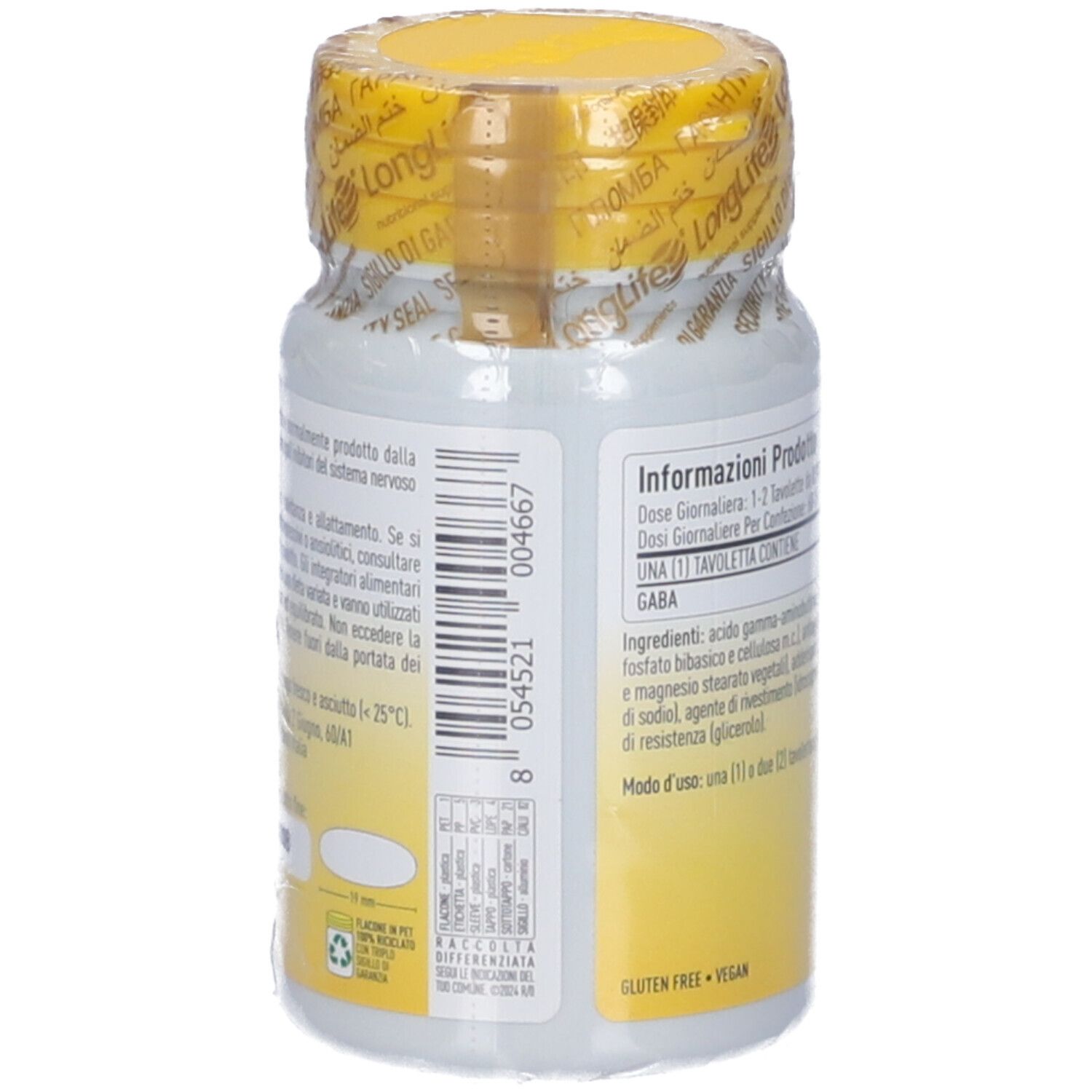 Retro del flacone GABA. Contiene informazioni su ingredienti, dosaggio e avvertenze. Tappo giallo.