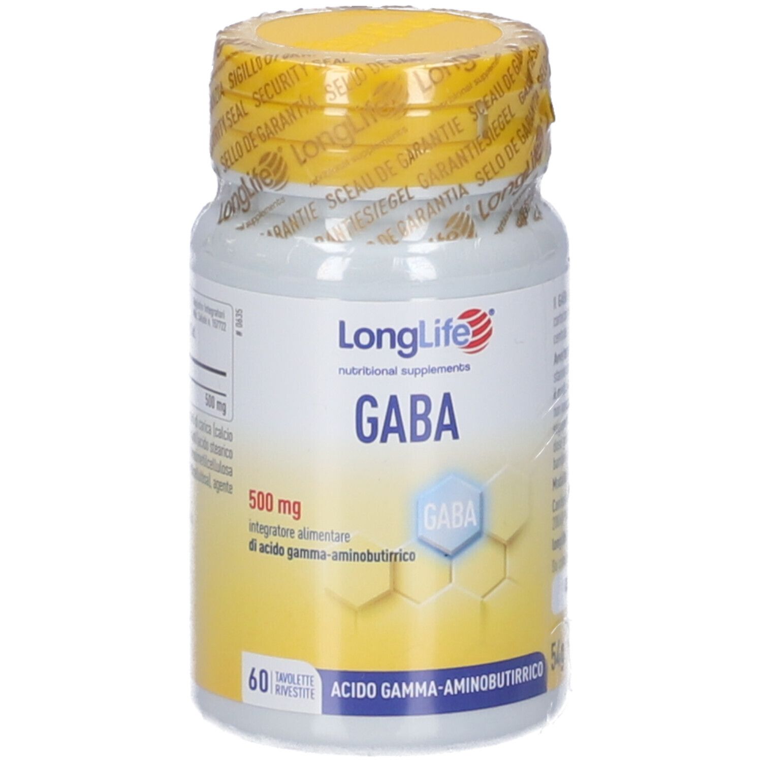 Integratore alimentare GABA in flacone bianco con tappo giallo. Scritte: LongLife, GABA, 500 mg, 60 compresse.