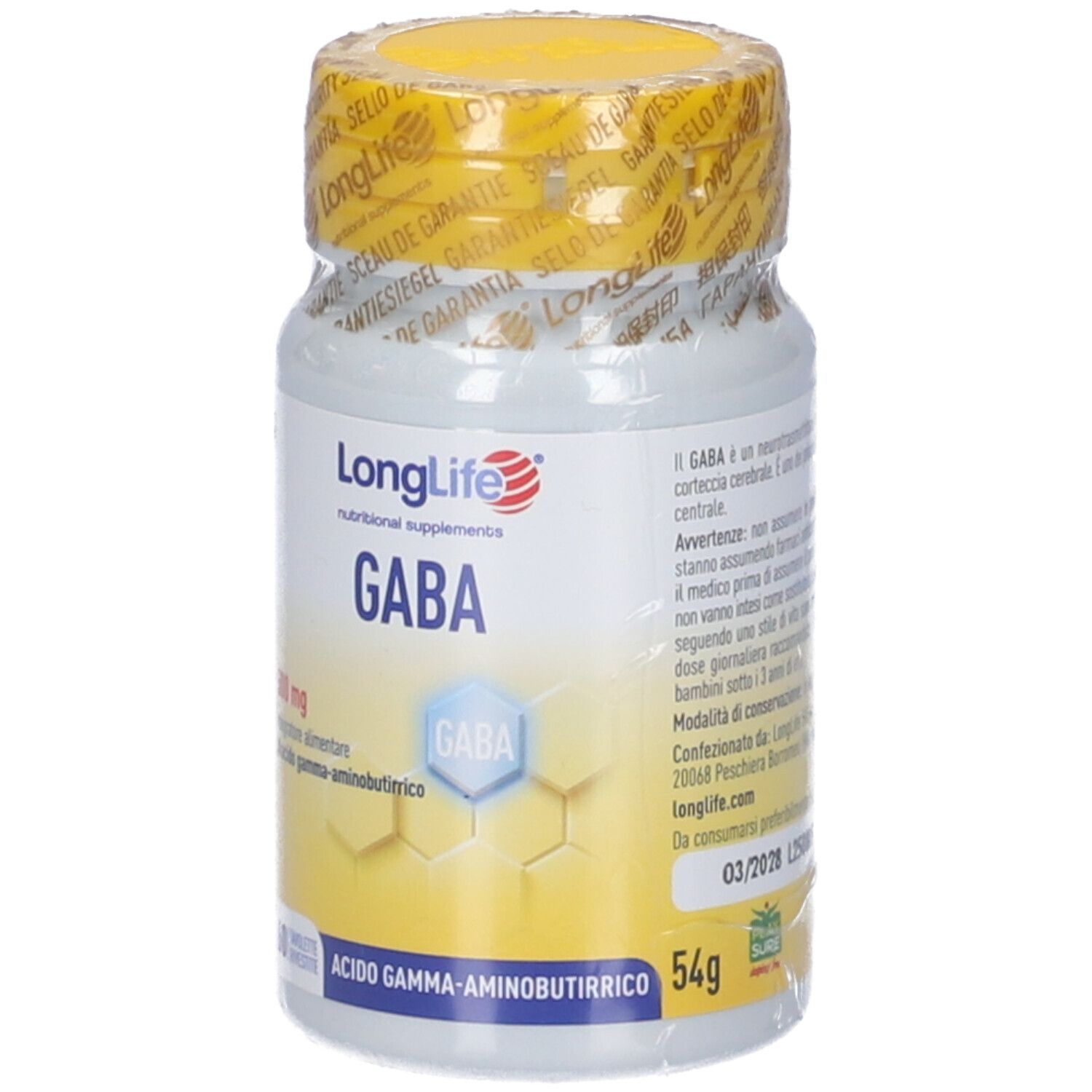 Integratore alimentare GABA in flacone bianco con tappo giallo. Scritte: LongLife, GABA, 500 mg, 60 compresse, 54g.