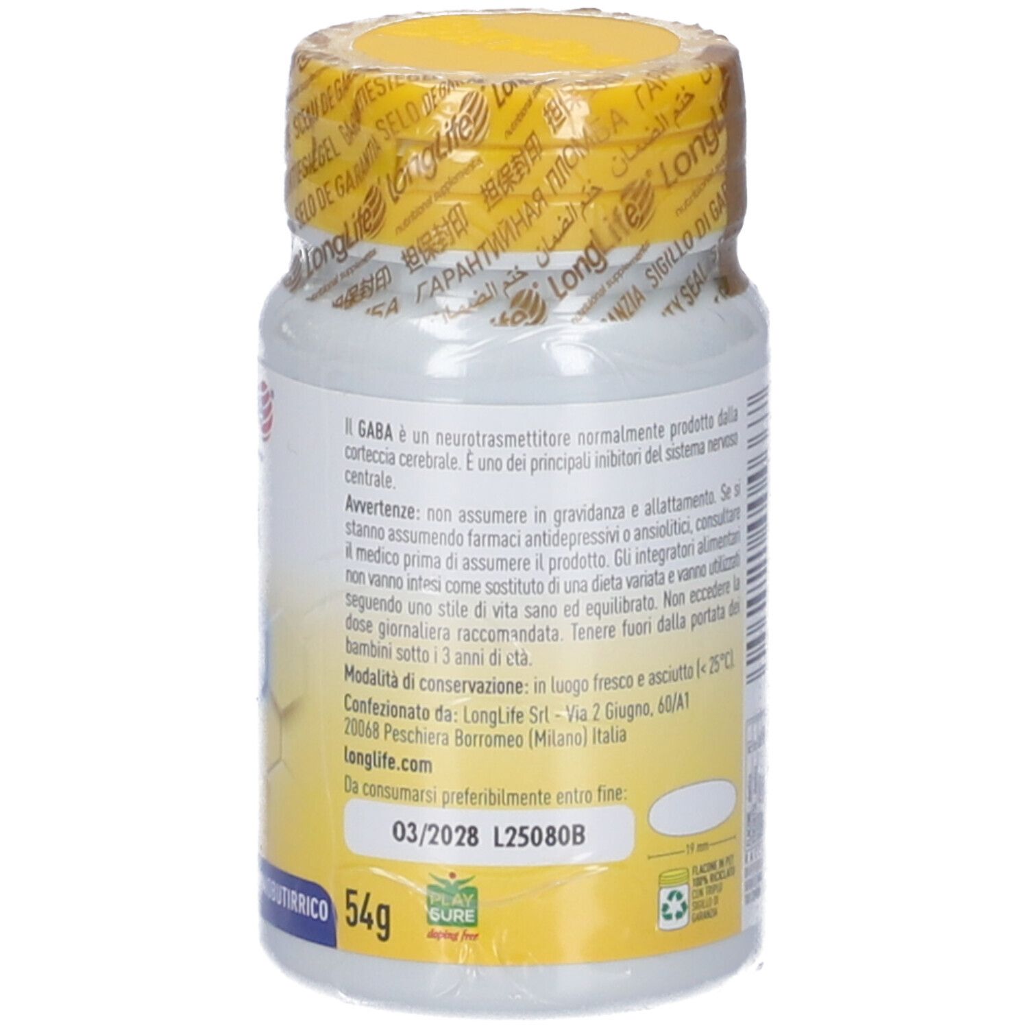 Retro del flacone GABA. Contiene informazioni, data di scadenza e indirizzo del produttore. Tappo giallo.