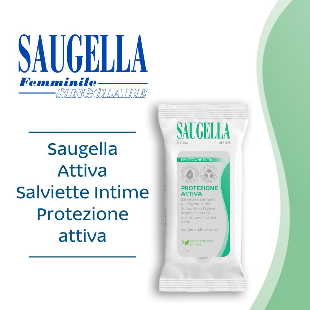 Confezione di Saugella Attiva Salviettine accanto al testo. Testo: Saugella Attiva Salviettine Intime, Protezione attiva. Sfondo verde.