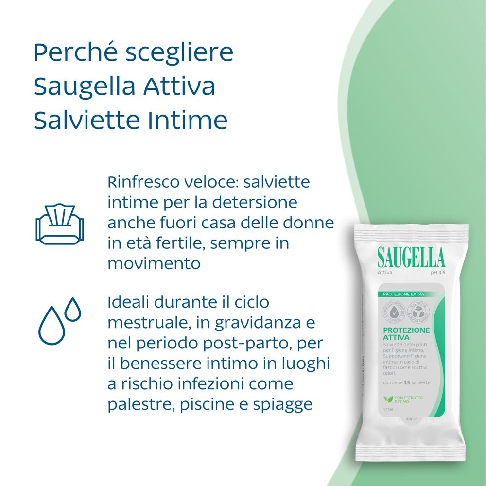 Confezione Saugella Attiva e testo. Testo: 'Perché scegliere Saugella Attiva Salviettine Intime?'