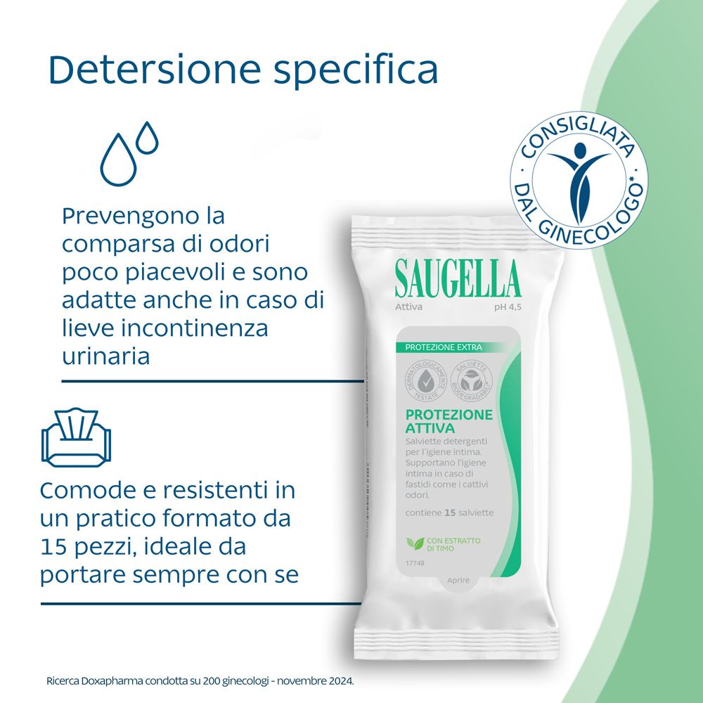 Confezione Saugella Attiva e testo. Testo: 'Detersione specifica'. Consigliata dal ginecologo.