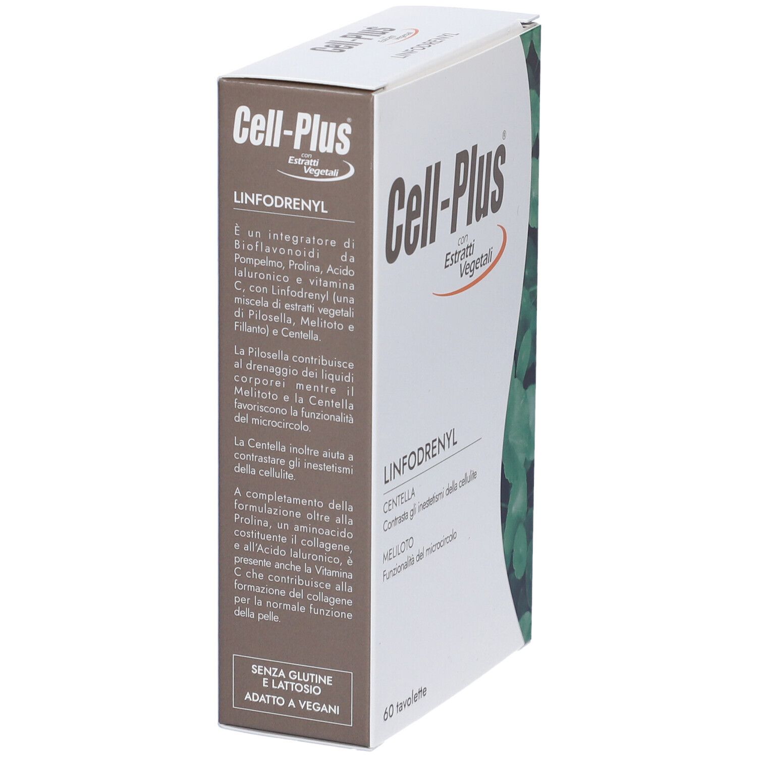 Scatola Cell-Plus Linfodrenyl. Contiene 60 compresse. Testo in italiano. Scatola bianca con foglie verdi.