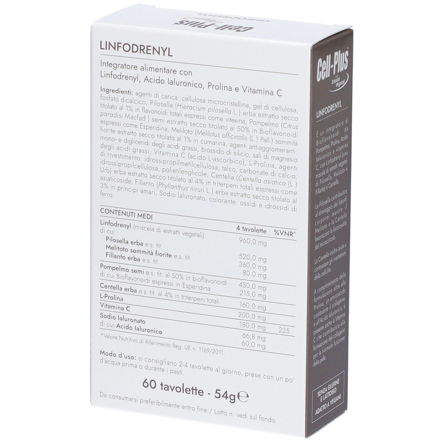 Scatola Cell-Plus Linfodrenyl. Contiene 60 compresse. Testo in italiano. Informazioni nutrizionali.