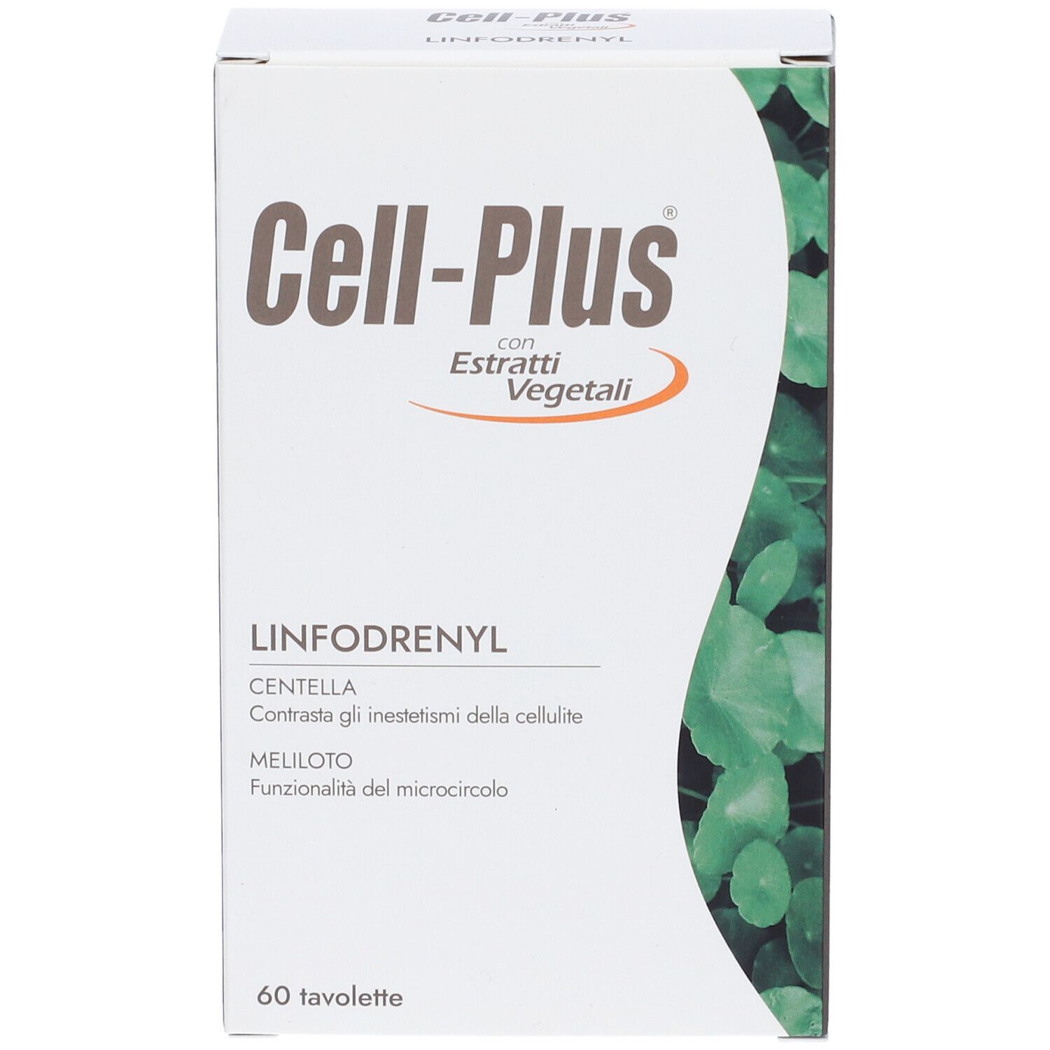 Scatola Cell-Plus Linfodrenyl. Contiene 60 compresse. Scatola bianca con foglie verdi e testo in italiano.