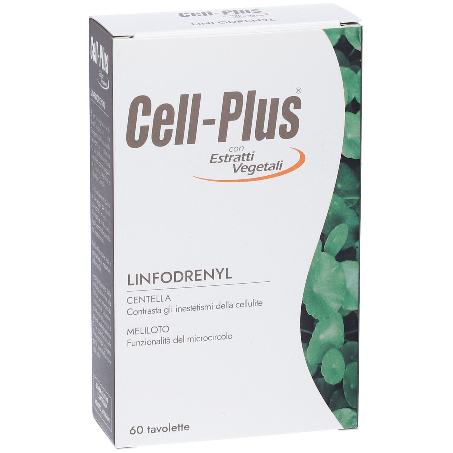 Scatola Cell-Plus Linfodrenyl. Contiene 60 compresse. Scatola bianca con foglie verdi e testo in italiano.