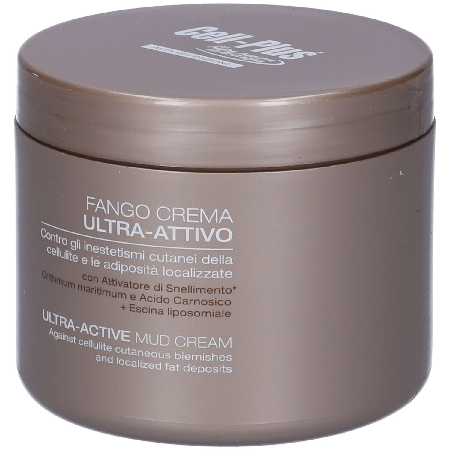 Barattolo marrone con coperchio. Scritta: Fango Crema Ultra-Attivo. Testo in italiano e inglese.