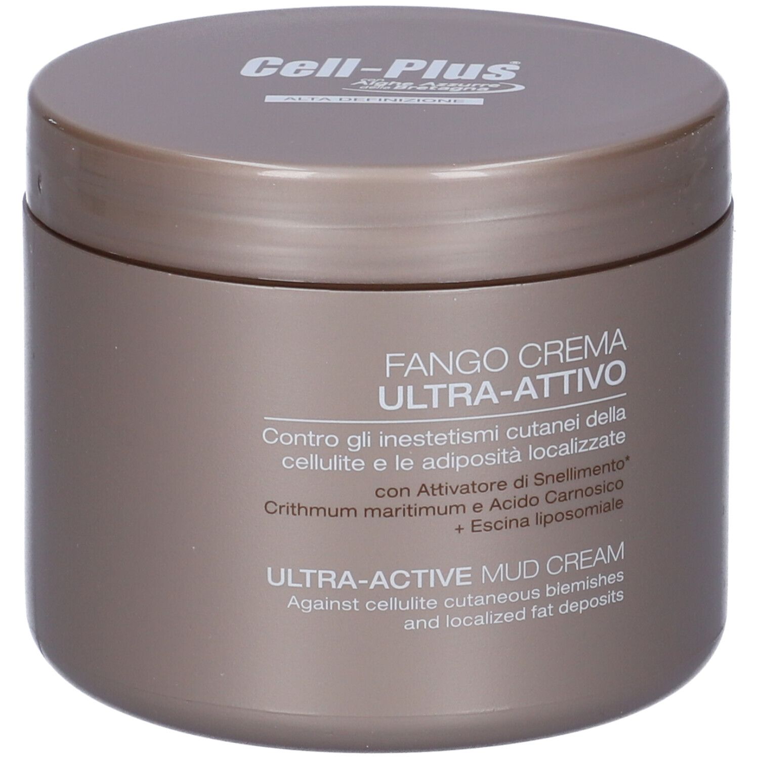 Barattolo marrone con coperchio. Scritta: Fango Crema Ultra-Attivo. Testo in italiano e inglese.