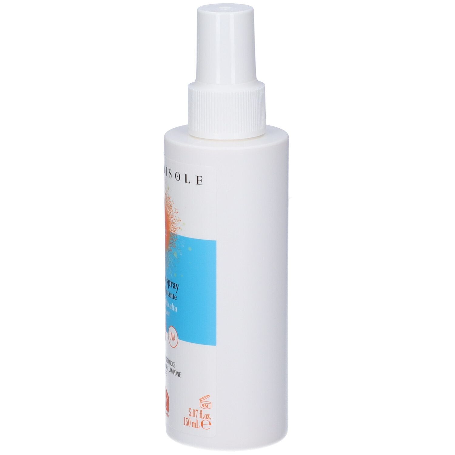 Spray solare. Flacone bianco con scritte blu-arancioni. Marca: Helan VOGLIADISOLE.