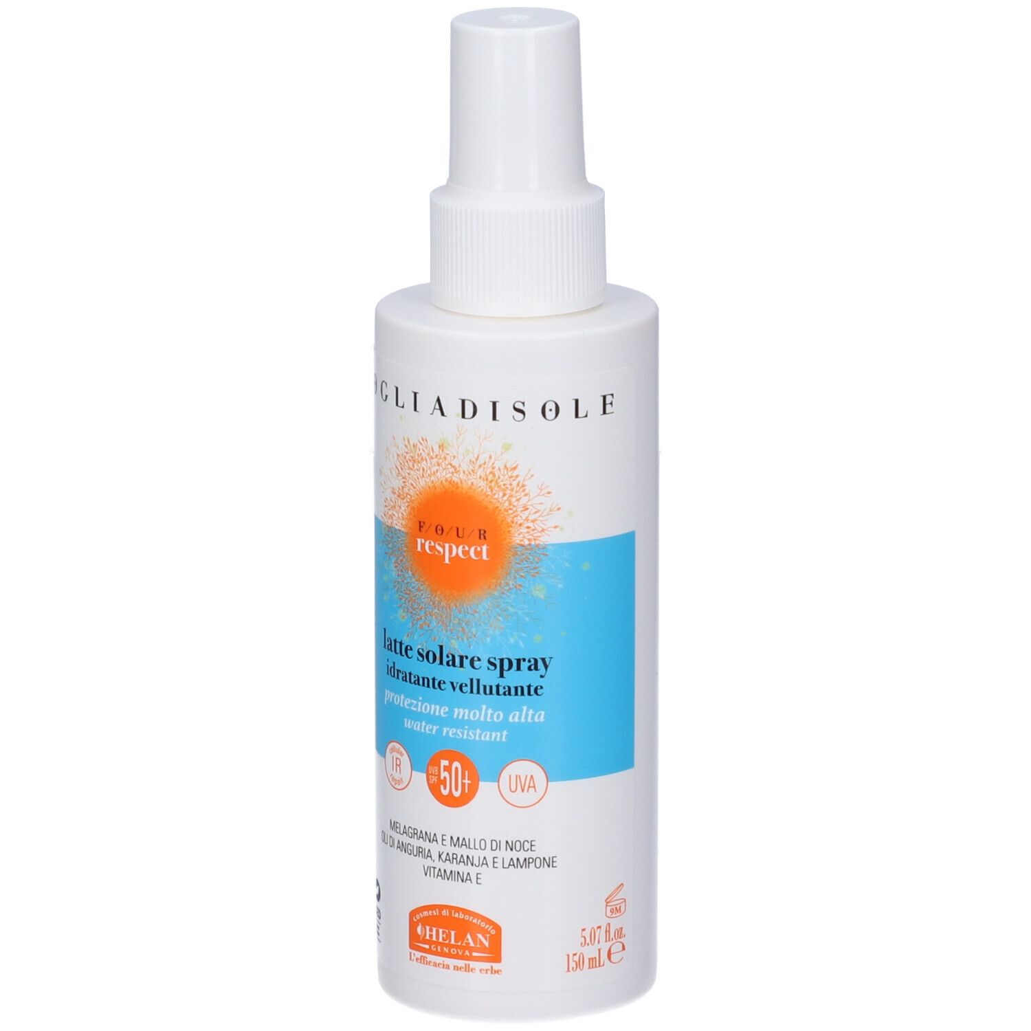 Spray solare SPF50+. Flacone bianco con scritte blu-arancioni. Marca: Helan VOGLIADISOLE RESPECT.