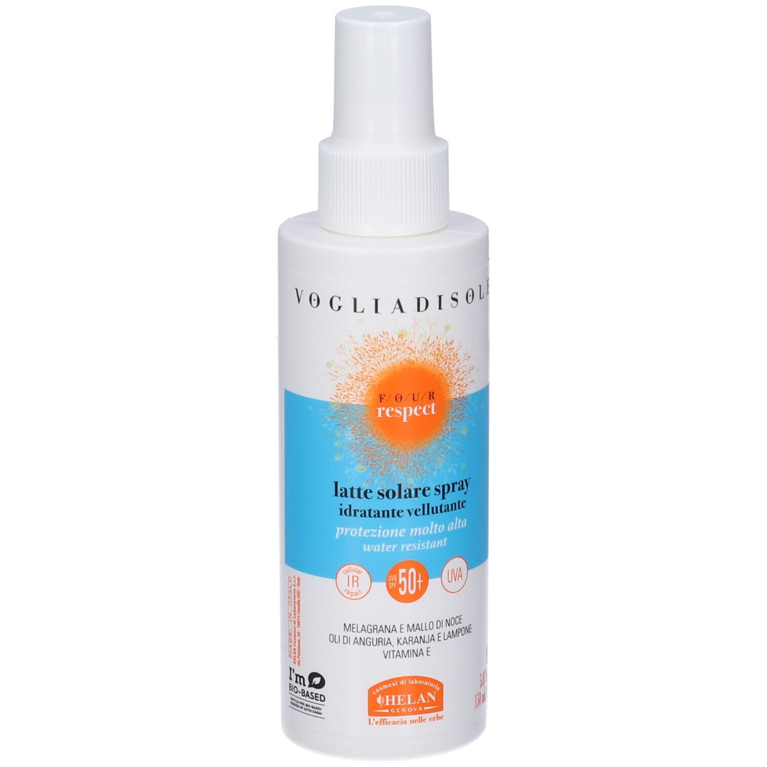 Spray solare SPF50+. Flacone bianco con scritte blu-arancioni. Marca: Helan VOGLIADISOLE RESPECT.
