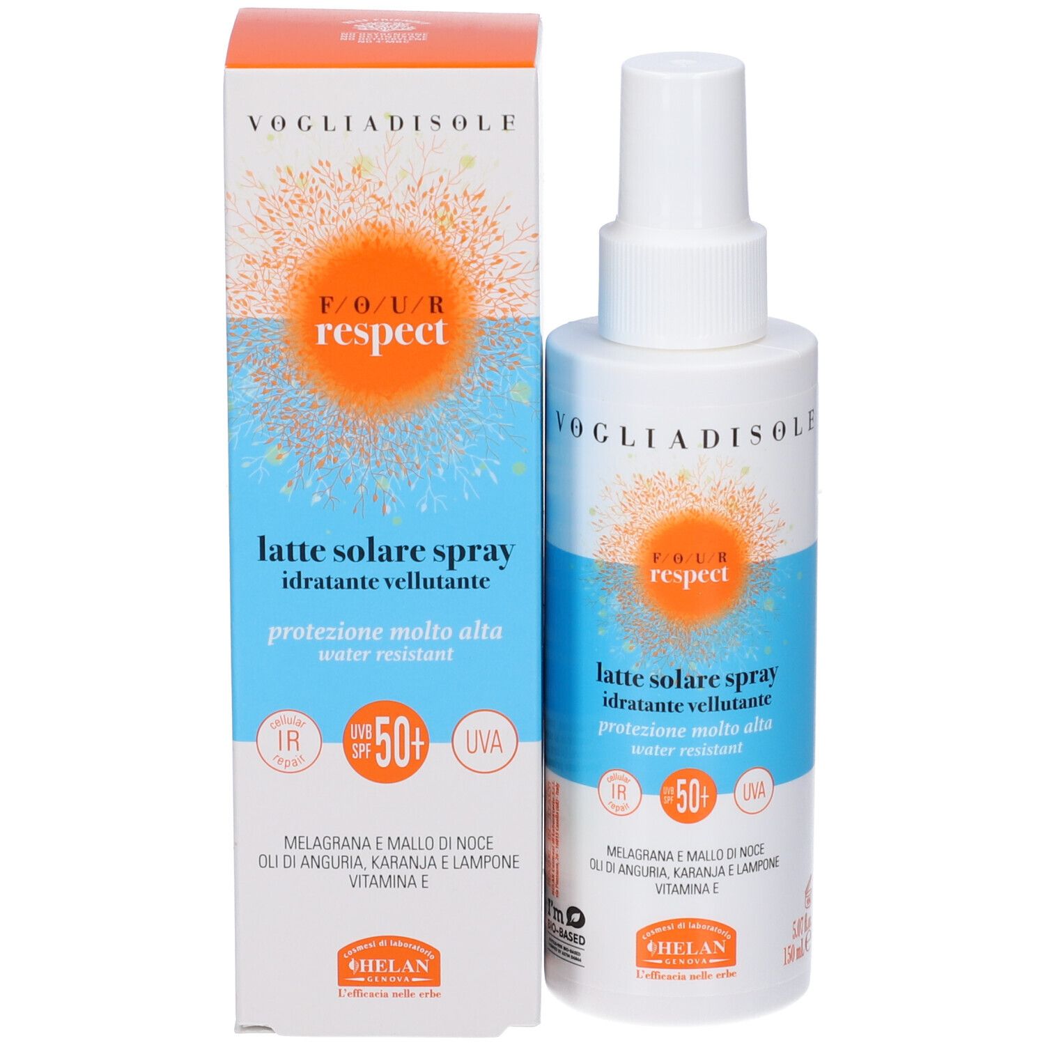 Spray solare SPF50+ e confezione. Flacone e scatola bianchi con scritte blu-arancioni. Marca: Helan.