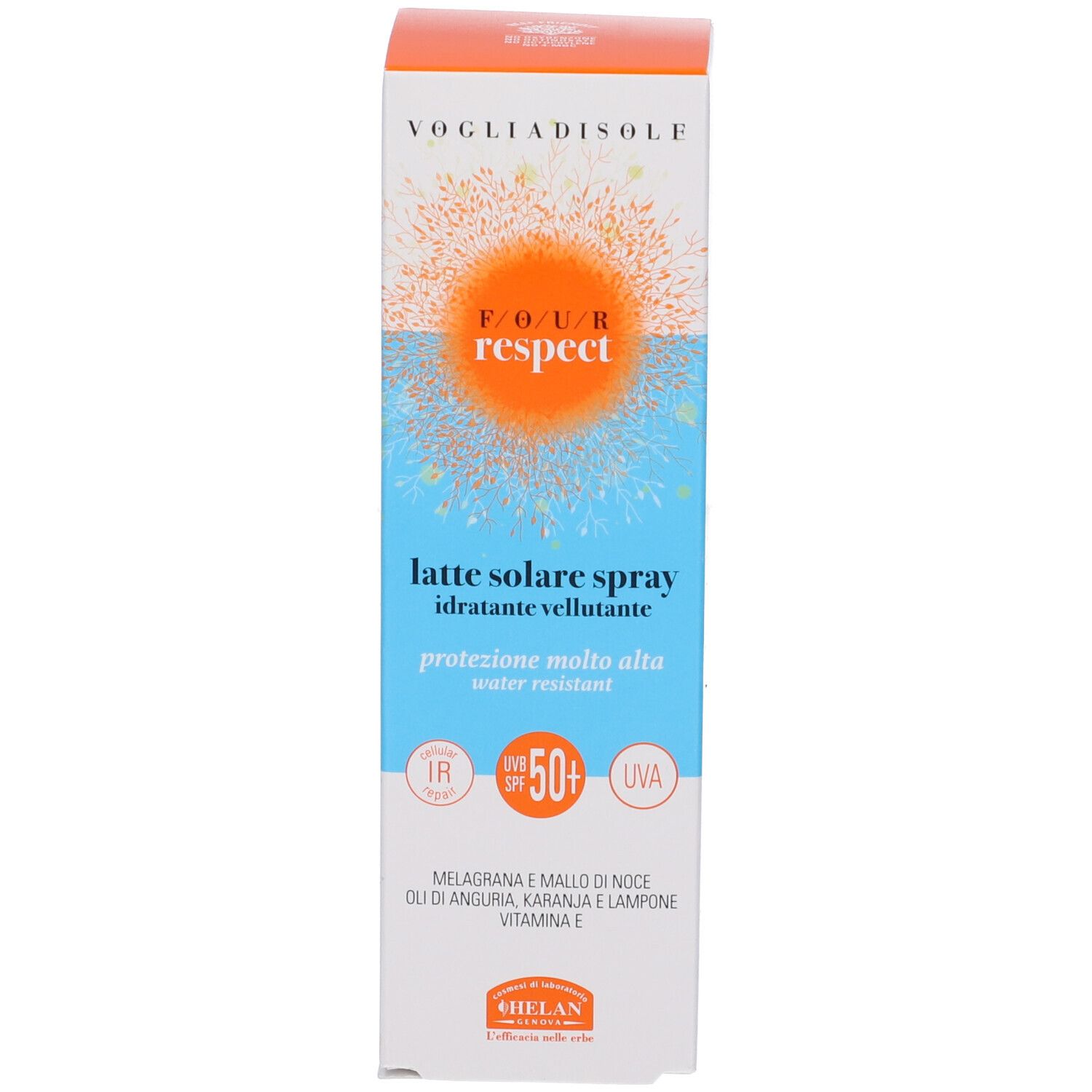 Spray solare con confezione. Scatola con scritte blu-arancioni. Marca: Helan VOGLIADISOLE.