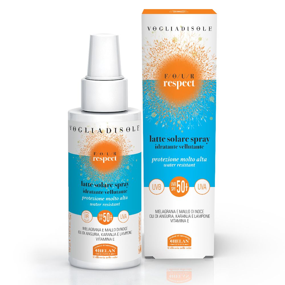 Spray solare SPF50+ e confezione. Flacone e scatola bianchi con scritte blu-arancioni. Marca: Helan.