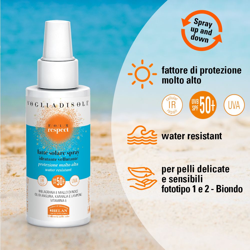 Spray solare SPF50+. Testo e simboli. Resistente all'acqua. Per pelli sensibili. Marca: Helan.