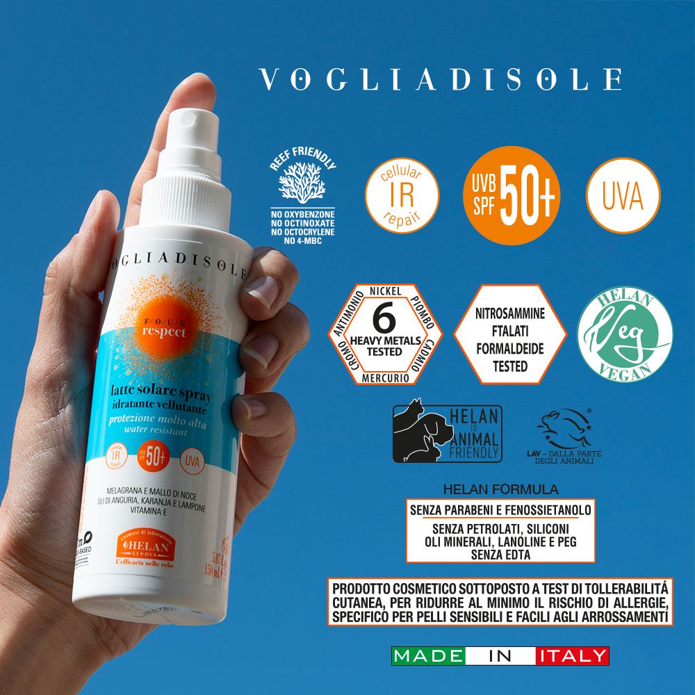 Spray solare SPF50+. Simboli e testo. Senza alcuni ingredienti. Marca: Helan VOGLIADISOLE.