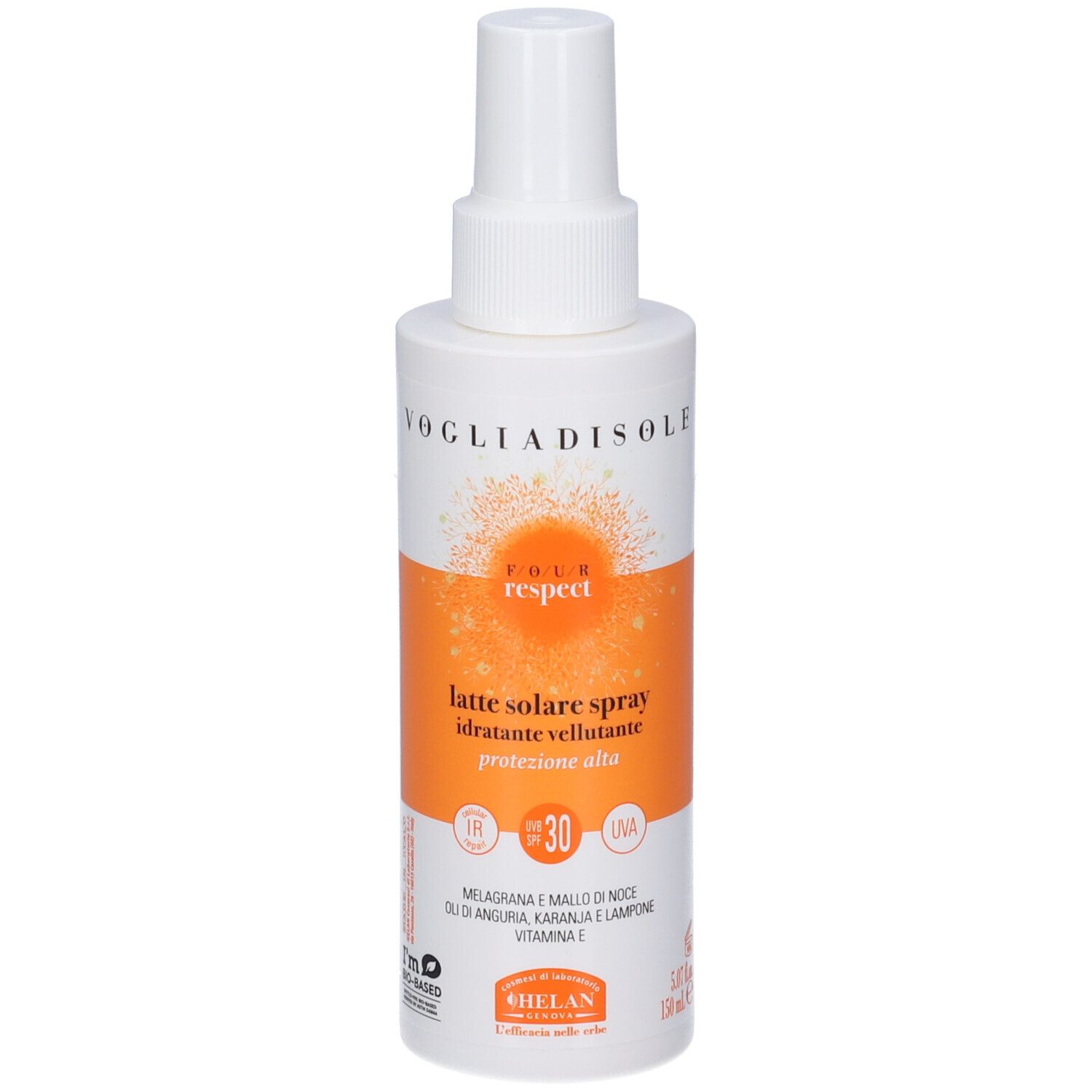 Spray bianco con etichetta arancione. Testo: VOGLIADISOLE, RESPECT, Latte Solare Spray SPF30. Resistente all'acqua.