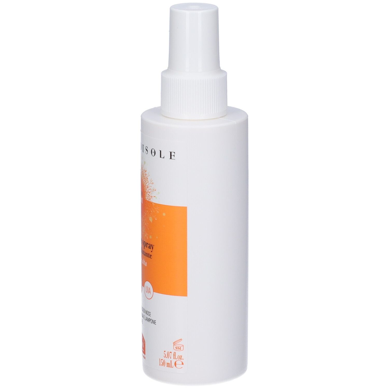 Spray bianco con etichetta arancione. Testo: VOGLIADISOLE, Latte Solare Spray. Made in Italy.