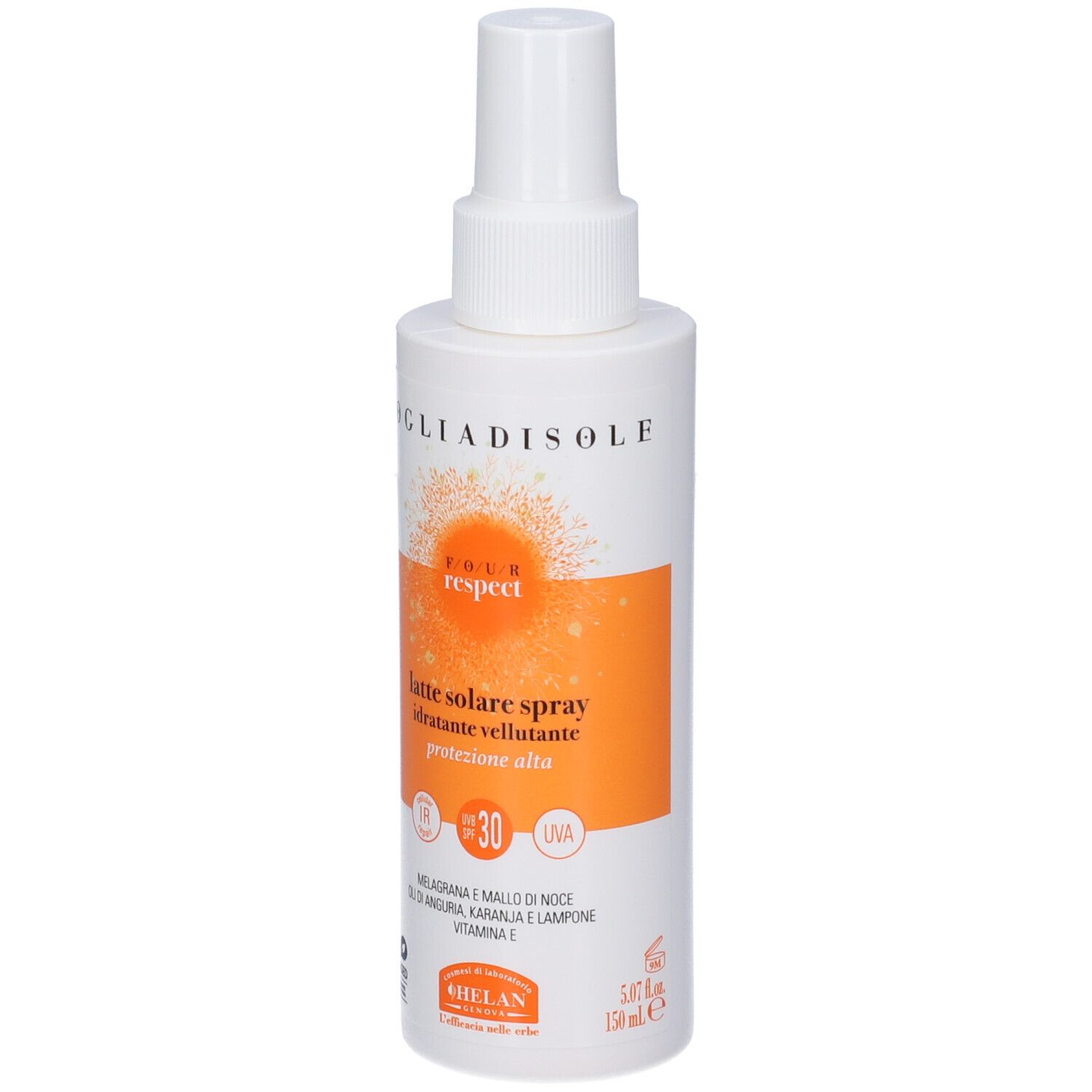 Spray bianco con etichetta arancione. Testo: VOGLIADISOLE, RESPECT, Latte Solare Spray SPF30. Resistente all'acqua.